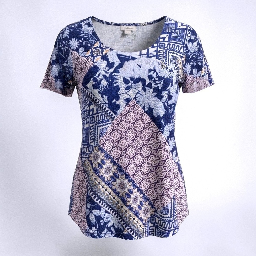 Chicos Blue Purple Patchwork Floral Geometric Scoop Neck Top Size 1 Medium